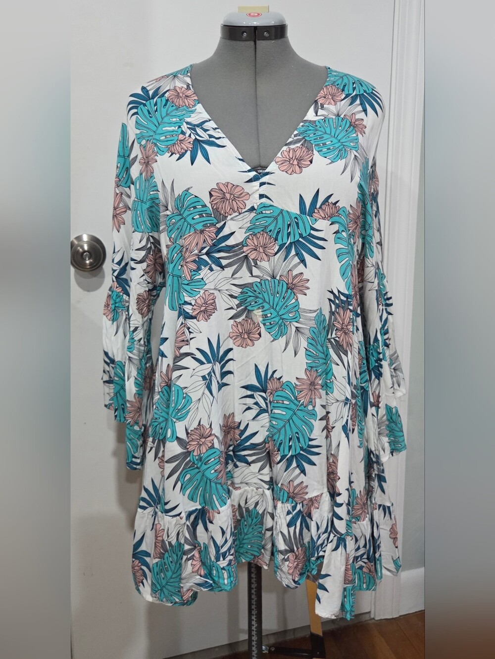 Floral V-Neck Swing Dress in Teal & Pink